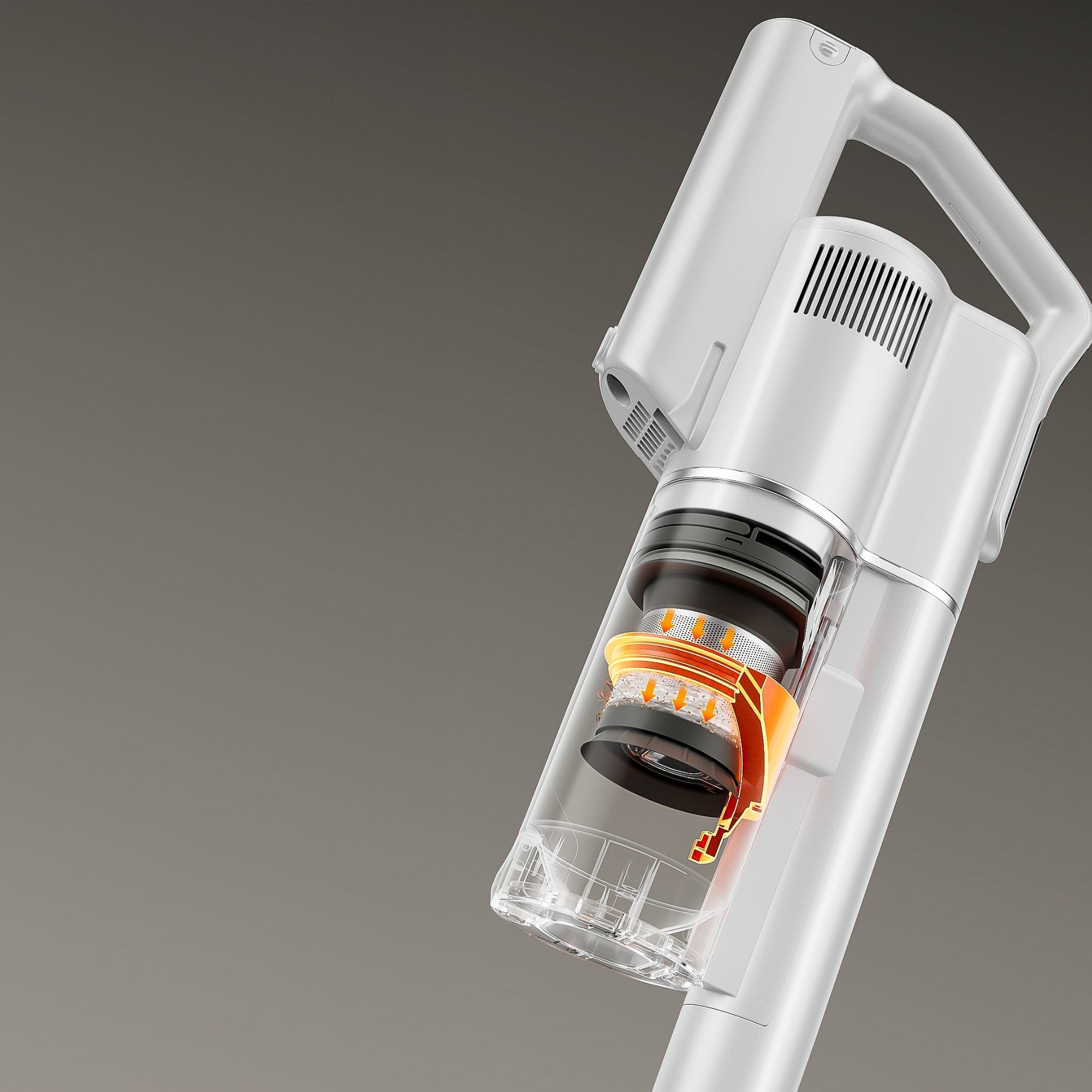 Close-up of a handheld vacuum cleaner on a gray background